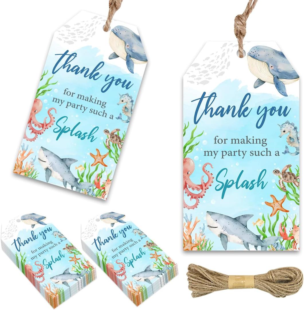 50pcs Under The Sea Thank You Tags Watercolor Ocean Animal Gift Tag with String Shark Thank You Paper Tags Blue Thank You Hanging Tags for Boy Birthday Party Ocean World Party Supplies