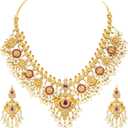 Aheli Beautiful Wedding Wear Indian Laxmi Goddess Faux Stone Studded Floral Design Crafted Necklace Earrings Set Ethnic Fashion Jewelry Gift for Women