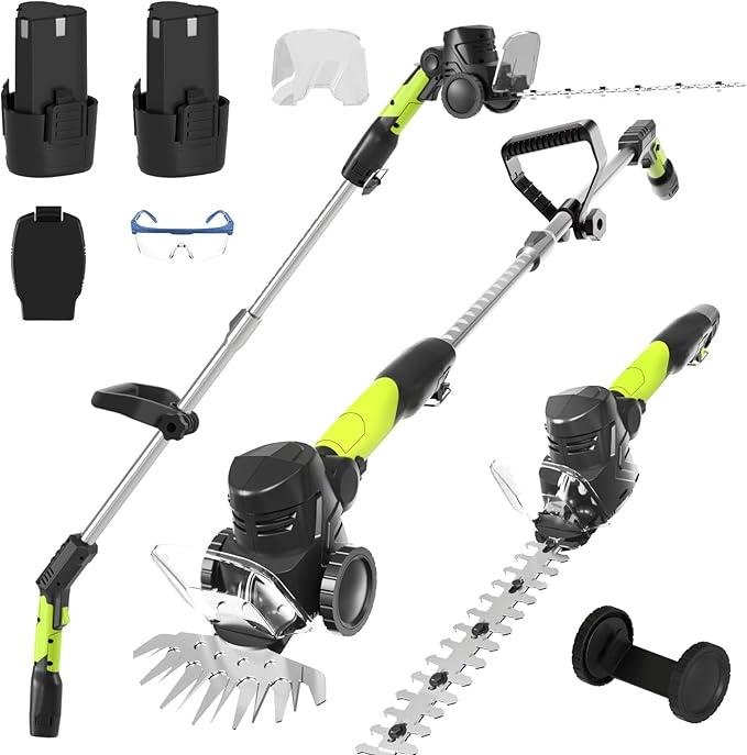 3-in-1 Cordless Hedge Trimmer: 13ft Reach with Extension Pole 2 Batteries Aux Handle Wheel-Assisted for for Garden Lawn – Lightweight Grass Shear and Pruner Set for Women Seniors and Garden Care