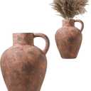 UPWOIGH 12in Tall Vintage Single Handle Terracotta Vase, Rustic Brown Ceramic Pottery Jug with Distressed Black Markings, Mediterranean Farmhouse Table or Mantel Decor, Antique Gift 1Pack