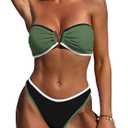 ZAFUL Women's Bandeau Bikini V Strapless Confetti Colorblock Tie Back High Cut Two Piece Swimsuit Bathing Suits (1-Army Green, S)