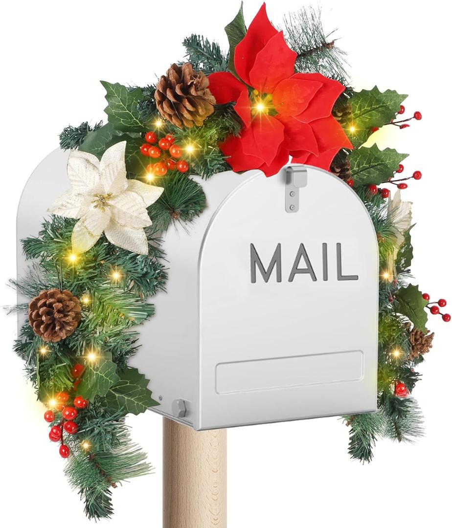 DR.DUDU Pre-lit Christmas Mailbox Swag Garland with Poinsettias Flowers, Battery Powered Lighted Christmas Artificial Garland with Pine Cone & Red Berries Holiday Decorations Indoor Outdoor