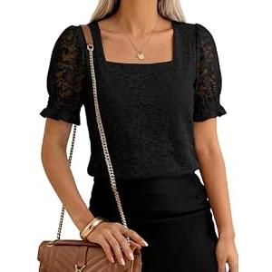 ANRABESS Womens Dressy Casual Blouses 2026 Summer Work Shirts Lace Square Neck Puff Sleeve Tee Tops Spring Fashion Clothes Black Large