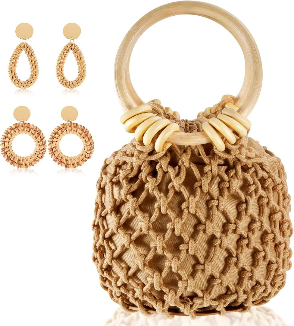 Sweetude Mini Clutch Tote Handbag 2 Pairs Rattan Earrings for Women Crossbody Bag Bohemian Woven Clutch Bucket Handbag (Coffee)