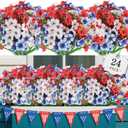 24 Bundles Artificial Flowers for Outdoor,No Fade Fake Plastic Flowers for Garden Porch Window Box Home,Red White Blue Faux Plants for 4th of July Memorial Day Independence Day Patriotic Decor (Mix 3 Colors)