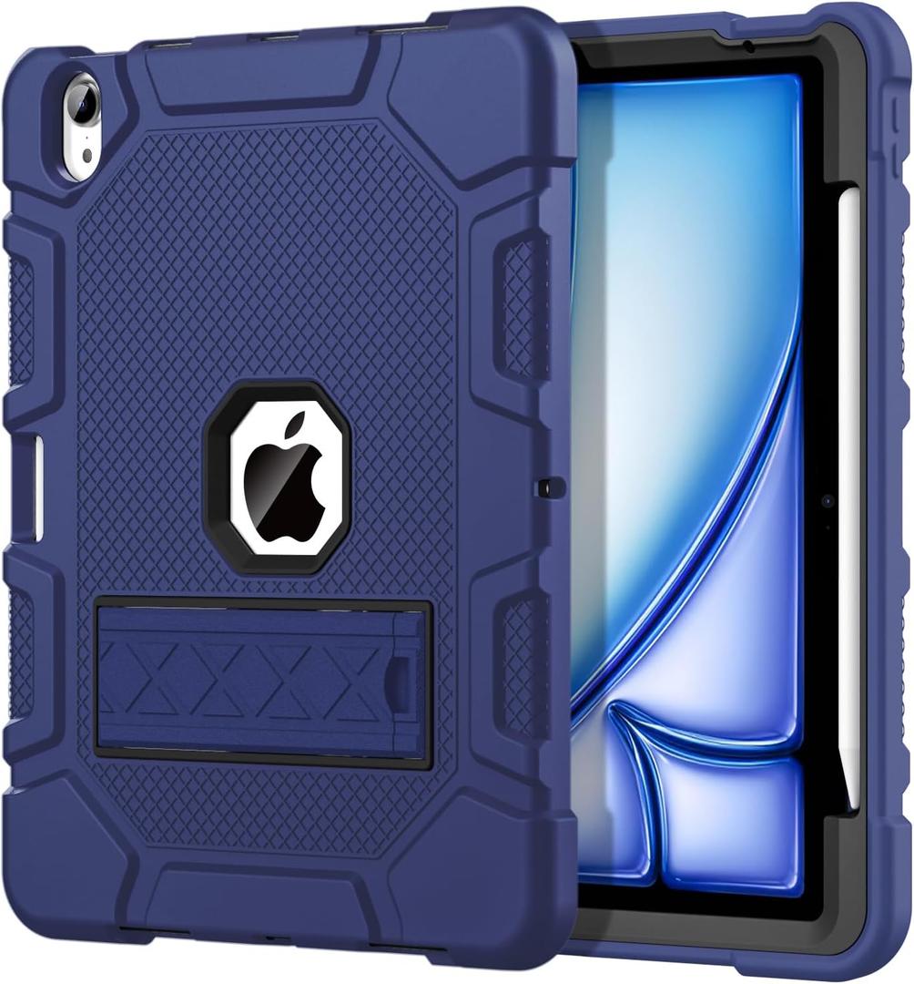 for iPad Air 11-inch (M3/M2) 2025/2024, iPad Air 5th/4th Generation 10.9 Inch Case (2022/2020), Heavy Duty Shockproof Rugged Protective Case with Pencil Holder, Navy Blue