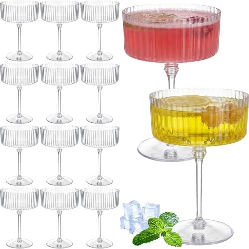 Jingmore 10  Pcs Ribbed Martini Glasses 10 oz Disposable Plastic Vintage Ribbed Coupe Glasses Unbreakable Dessert Parfait Glassware for Wedding Birthday Party Supplies (Clear)