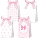 ojustbeok 24Pcs Pink Bow Favor Bags with Stickers Pink Bowknot Paper Gift Bags Bow Party Favor Candy Goody Bag for Girls Women Birthday Engagement Baby Bridal Shower Bachelorette Party Supplies