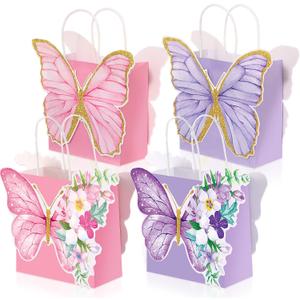 MotiMind 24 Pcs Butterfly Party Favor Bags with Handles Pink Purple Butterfly with Flower Goodies Gift Paper Treat Candy Bags for Birthday Party Bridal Showers Supplies