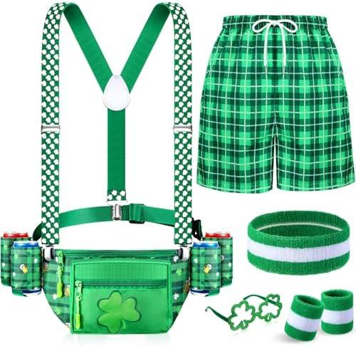 St Patricks Day Accessories Leprechaun Costume Green Fanny Pack with Drink Holder Irish Shamrock Shorts for Men(Plaid,L)