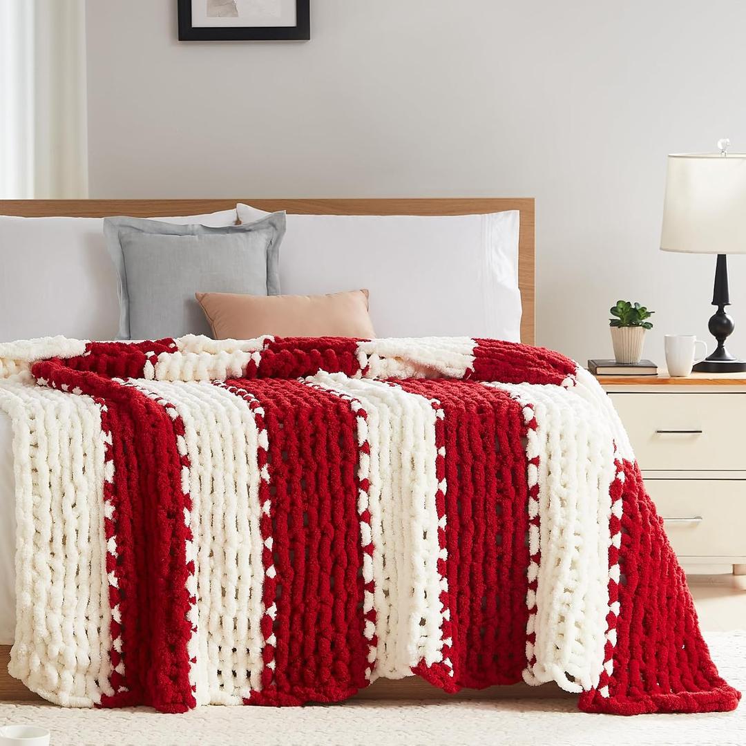 L'AGRATY Chunky Knit Blanket Throw - Soft Throw Blanket 50x60: 100% Hand Kintted Chenile Crochet Throw Blanket for Couch - Large Cable Knit Blanket for Home Decor (Red and White)