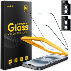 Lamicall 2+2 for iPhone 16 Screen Protector (6.1") with Camera Lens Protector, [Top 9H Tempered Glass Film], Easy Alignment Tool, Anti-Scratch, 0 Bubbles, HD Clear for iPhone 16 - [2-Pack Each]