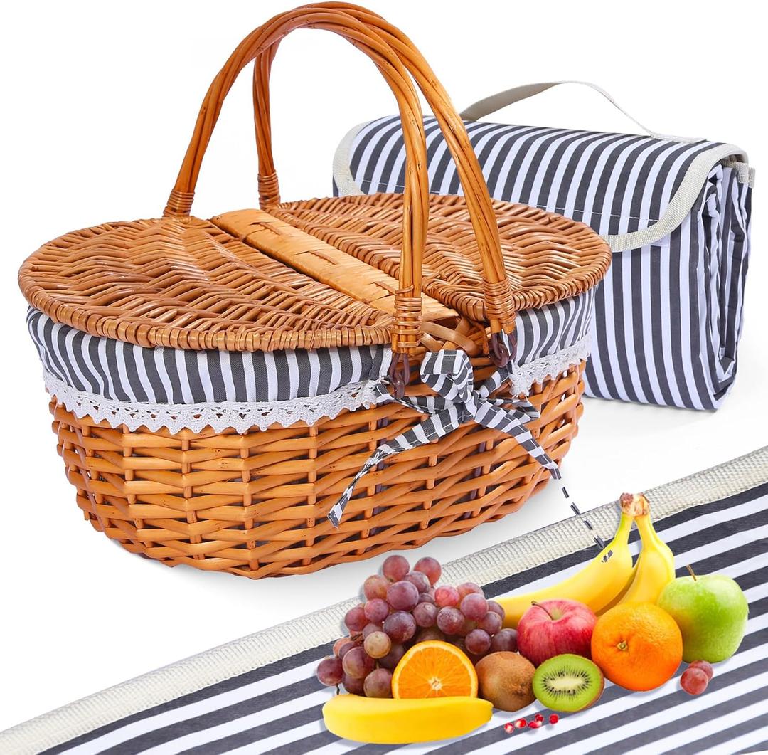 Wicker Picnic Basket with Handle, 15" Large Picnic Basket with Lid & Removable Liner, Vintage Hand Woven Basket with Blanket for Picnics, Camping, Thanksgiving, and Birthday (3-person, Grey-white Stripes)