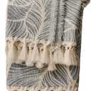 DOWN HOME Chenille Cotton Throw Blanket for Couch, Lightweight Boho Blanket for Bed Sofa Chair Living Room Outdoor Soft Woven Decorative Blanket with Tassel Gift Grey Leaves 90"x108"