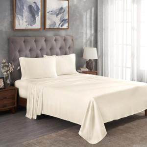 Superior Modal from Beechwood 300 Thread Bed Sheet Set, 1 Elastic Deep Pocket Fitted Sheet, 1 Flat Sheet, 2 Pillowcases, Soft Cool Sheets, Sateen Weave, Bedding Essentials, Queen, Ivory