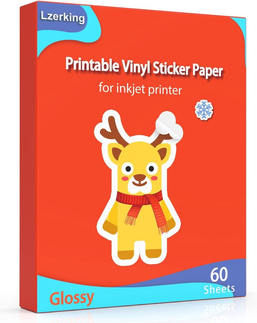 Lzerking Sticker Paper Printable Vinyl for Inkjet Printer, 60 Sheets Glossy Self-Adhesive Waterproof Quick-Drying Tear-Resistant Sticker Printer Paper 8.5x11 Inches