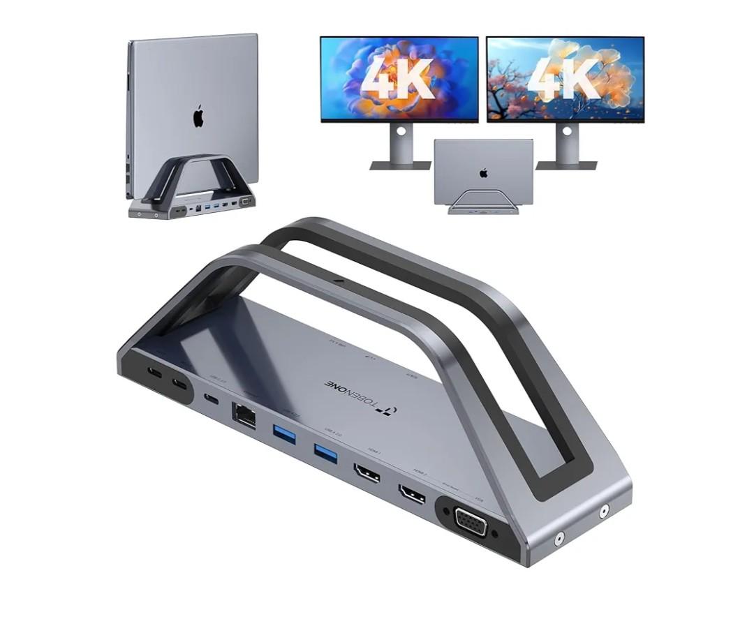 TobenONE 14-in-1 MacBook Pro/Air Docking Station Dual 4K Monitor, Vertical Laptop Docking Station Stand for MacBook Pro/Air M1/M2/M3/M4, USB C Dock with 65W Power Adapter,2 HDMI,VGA,5Gbps USB,RJ45