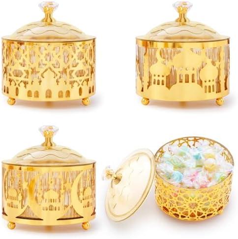 BruinBang 4 Pcs Eid Mubarak Plates with Lids Metal Gold Moon Castle Star Arabesque Ramadan Serving Tray, Food Container for Cookie Candy Pastry Dessert, Ramadan Decorations Table Display Set