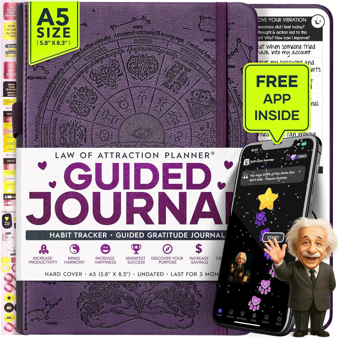 Guided Journal - Gratitude & Mental Health Journal for 5 Minute Daily | 90-Day Undated Planner for Positivity & Manifestation | Guided Mindfulness, Self Care & Reflection | Vision Board + Stickers (Purple Astro Woman)