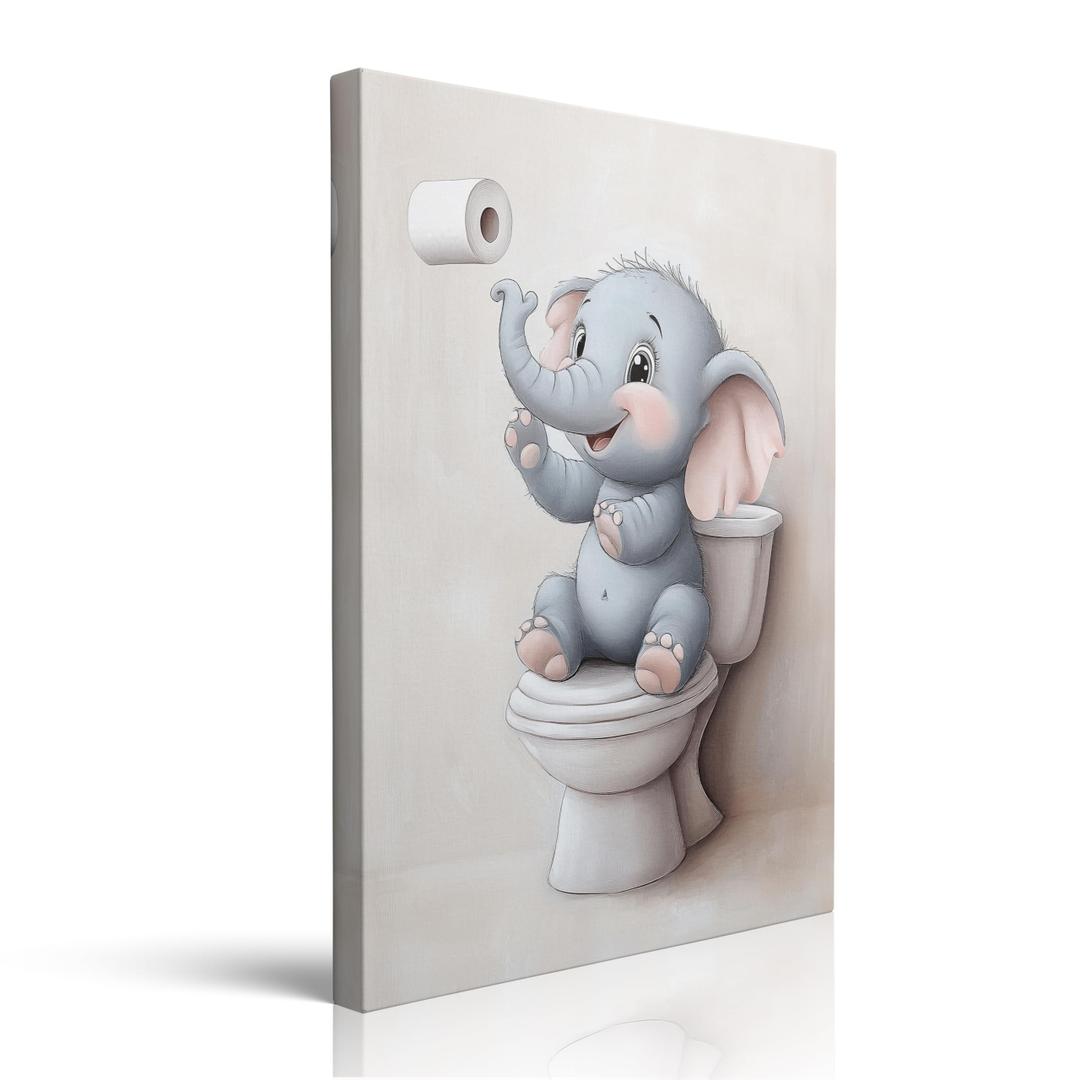 Cute Elephant on Toilet Wall Art Canvas Print Framed Funny Animal Bathroom Decor Nursery Wall Art Kids Room Playful Artwork Painting Poster Unique Baby Elephant Gift Restroom Decor 16x24 Inches