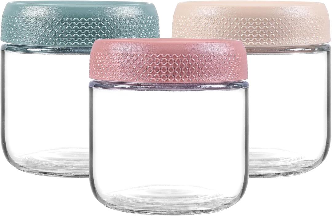 NETANY 3-pack 10oz Glass jars with Airtight Lids, Overnight Oats Containers with Lids, Wide mouth Mason Salad jars, Glass Food Storage Containers for Snacks Yogurt Spice Sugar (Multicolor-10oz)