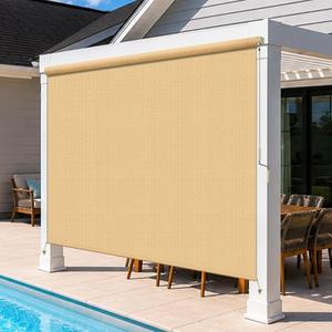 Outdoor Roller Shades for Patio, 7' W x 8' H Cordless Patio Shades Roll Up Outdoor Blinds with Splicing Design, 90% UV Protection for Porch Gazebo Pergola, 2 Poles & 1 Fabric, Sesame, 84"W x 96"H