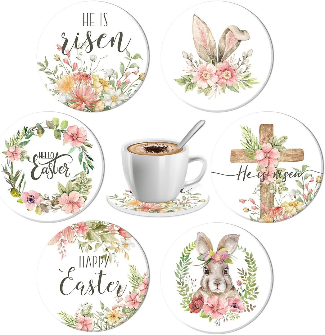 Whaline Easter Ceramic Coasters 6Pcs Watercolor Flower Easter Bunny Rabbit Drink Coaster Spring Floral Cup Mat for Mugs Cups Home Kitchen Christian Party Supplies, 4.1 x 4.1 x 0.3 Inch