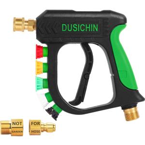 DUSICHIN Short Pressure Washer Gun Car Wash Foam Gun 1/4" Quick Connector, Power Washer Wand Sprayer Foam Green Handle with 3/8" Quick Connect, M22-14 mm and M22-15 mm Fitting,5 Nozzles DUS2701, Gun+Nozzle
