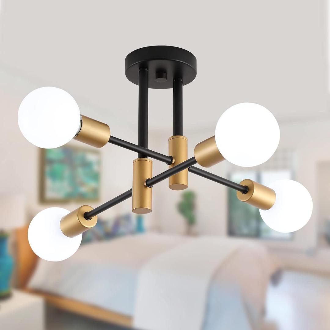 Black and Gold Modern Sputnik Chandelier Ceiling Light Fixtures,4-Lights Mid Century Industrial Metal Semi Flush Mount Ceiling Lights for Bedroom Kitchen Hallway Entryway Office UL Listed