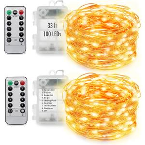 MUMUXI 2 Pack 33ft 100 LED Fairy Lights with Timer, Ourdoor Battery-Powered Twinkle and Remote Control, Christmas String Lights, Warm White Waterproof Decorative Lighting for Holidays and Events (2 Pack-33 Ft-100 LED)