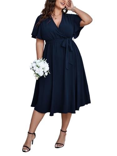 SCOMCHIC Womens Plus Size Wedding Guest Cocktail Midi Dress Summer Short Sleeve Wrap V Neck Belted A-Line Flowy Dress Navy Blue, 2XL