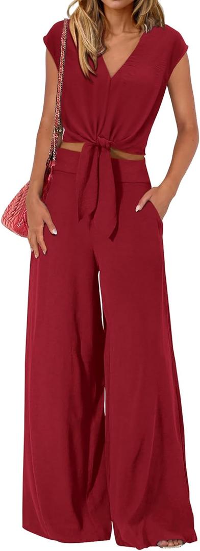 PRETTYGARDEN Women's Summer 2 Piece Outfits 2026 Cap Sleeve V Neck Belted Crop Tops Wide Leg Pant Sets Casual Tracksuit (Solid Wine Red)