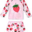 Vogseek 4-10T Girls Rashguard 2 Pieces Long Sleeve Swimsuit Swimwear with Shorts (7-8 Years, Pink Strawberry)