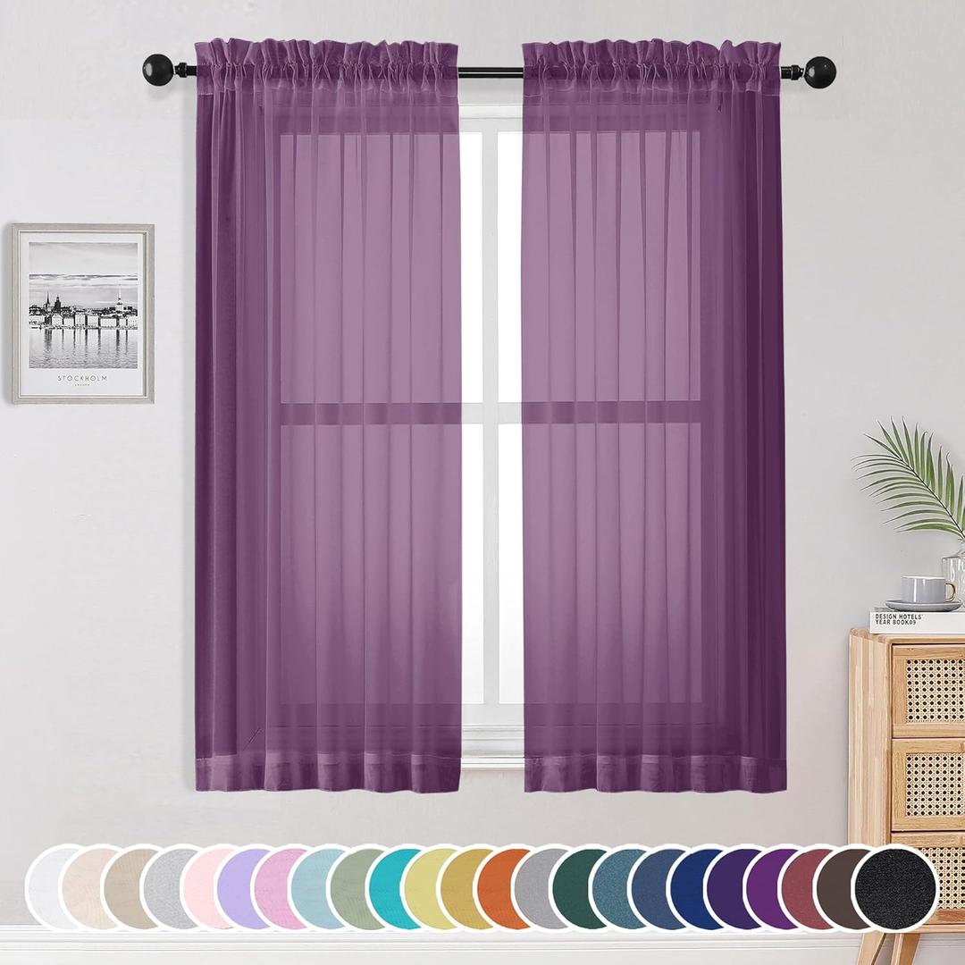 OWENIE Plum Sheer Curtains 63 Inches Long 2 Panels Set, Light Filtering Voile Fimly Sheer Curtains & Drapes for Living Room Bedroom, 2pcs, Plum, Each 42" W x 63" L Inch