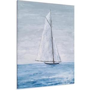 Yihui Arts Coastal Canvas Wall Art - Blue and White Nautical Boat Painting for Bathroom, Living Room, Bedroom, and Hallway Decor (24"L x 16"W)