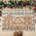 Tinideya 2 Pcs Christmas Door Mat Gingerbread House Brown and White Non Slip Xmas Winter Floor Doormat Buffalo Plaid Checked Mat for Front Porch Entryway