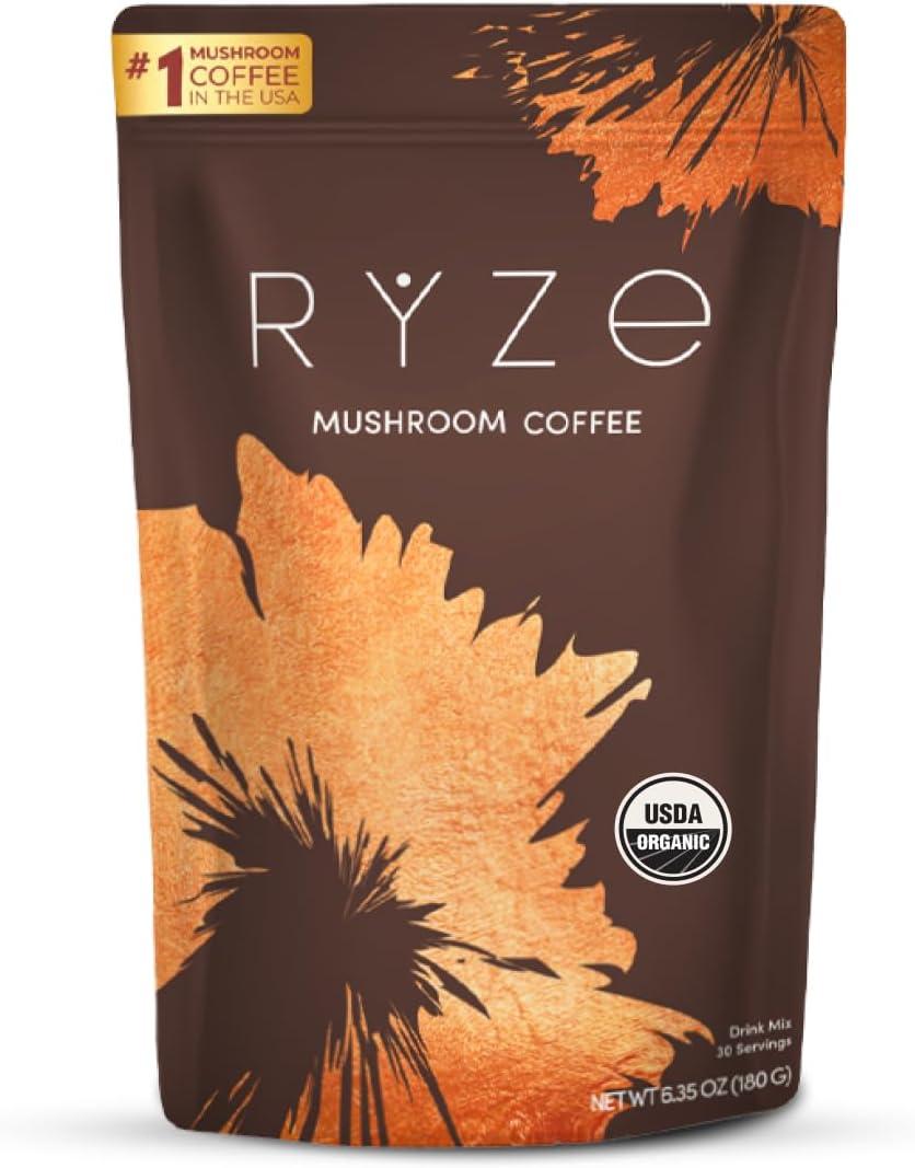 RYZE SUPERFOODS Mushroom Coffee USDA Organic with 6 Adaptogenic Mushrooms and MCT Oil, USA Grown Instant Coffee for Better Energy, Focus, Digestion, Immunity with Lions Mane & Turkey Tail, 30 servings (6.35 (Pack of 1))