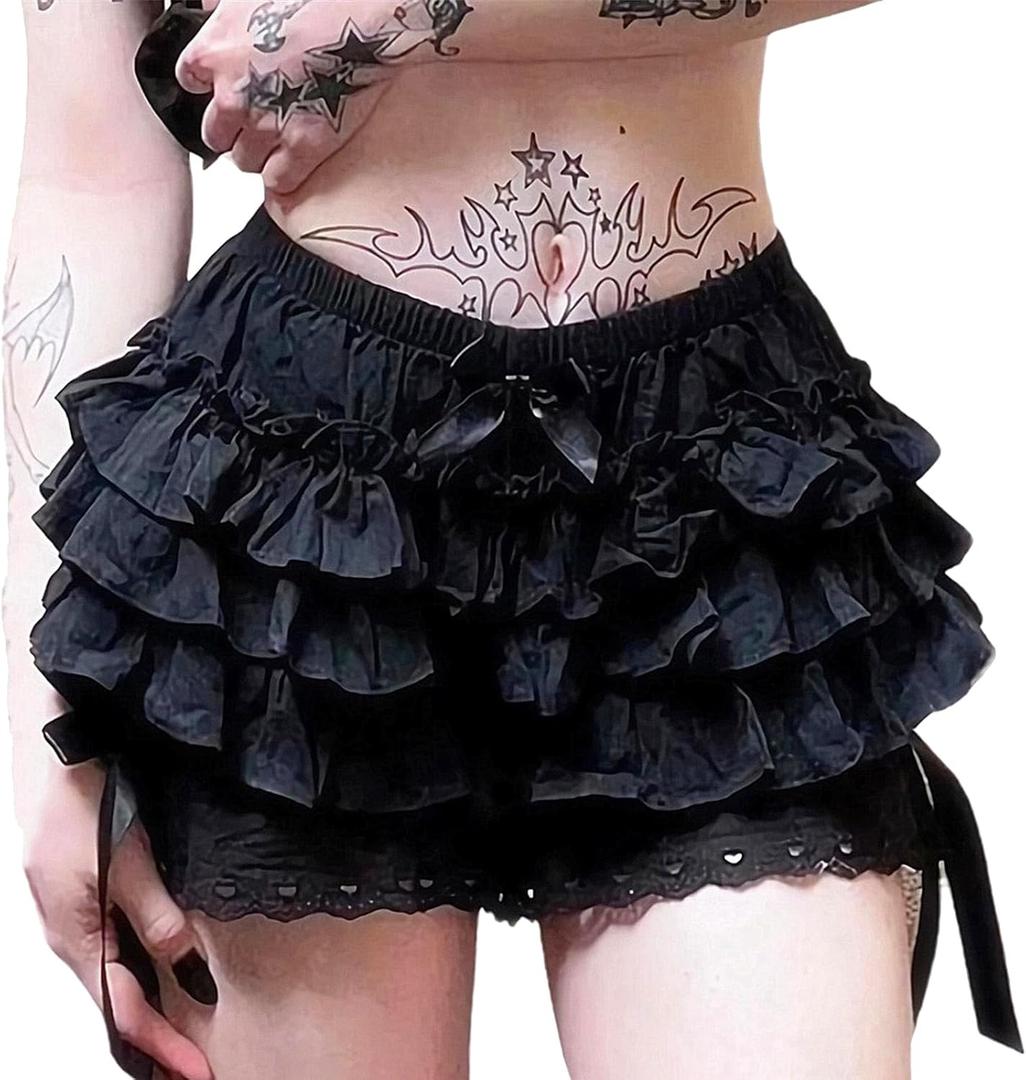 Women Y2k Lolita Bloomers Ruffle Frilly Gothic Shorts Layered Pumpkin Bottoms Party Cosplay Boyshorts Pettipants (Black), One Size