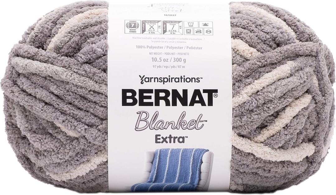 Bernat Blanket Extra Chunky Chenille Acrylic Yarn - 300g/10.5oz - #7 Jumbo Gauge for Knitting and Crocheting - Silver Steel (1 Skein)
