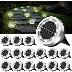 Mini Solar Ground Lights 16 Pack Outdoor IP65 Waterproof Solar Flat Garden Light Solor Powered Disc Pathway Lights for Outside Walkway Yard Landscape Patio Lawn Driveway-Cool White