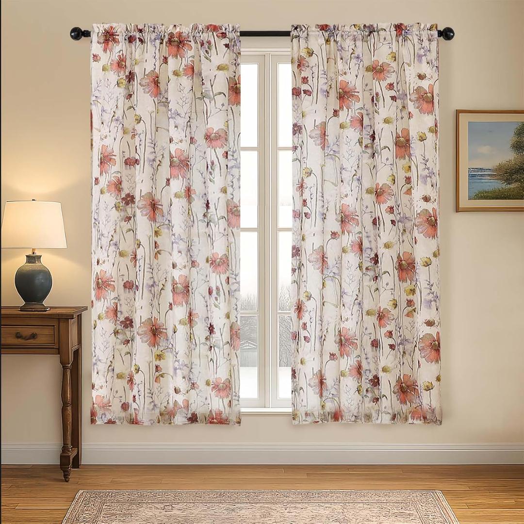 OVZME Crushed Floral Sheer Curtains for Bedroom 63 Inch Length for Living Room 2 Panels Set, Soft Airy Printed Design Textured Light Filtering Drapes, Semi Sheer Bedroom Curtains, Each 42Wx63L inches