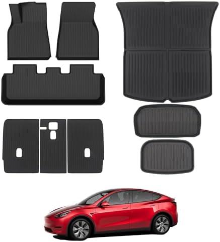 Tesla Model Y Floor Mats for 2021-2024, 9PCS All Weather Full Set Cargo Liners Accessories, 3D TPE Odorless Floor Mat Trunk Frunk Rear Well Mats Custom for 5-Seater(Not Fit 7Seat & 2025 Juniper)