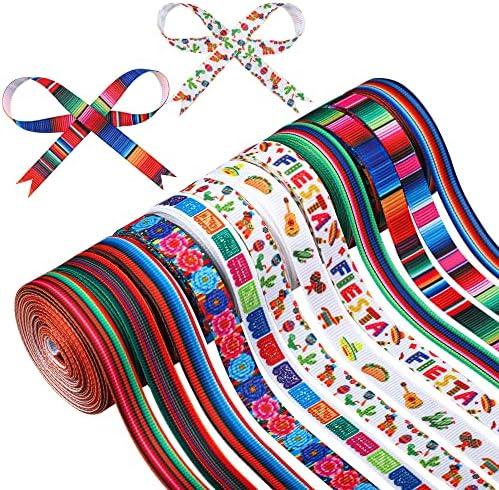 10 Rolls Fiesta Ribbon 3/8 Inch Mexican Serape Grosgrain Ribbons Colorful Stripes Pinata Cactus Guitar Decorative Ribbon for Cinco De Mayo Fiesta Party Mexican Theme Party Events, 60 Yards
