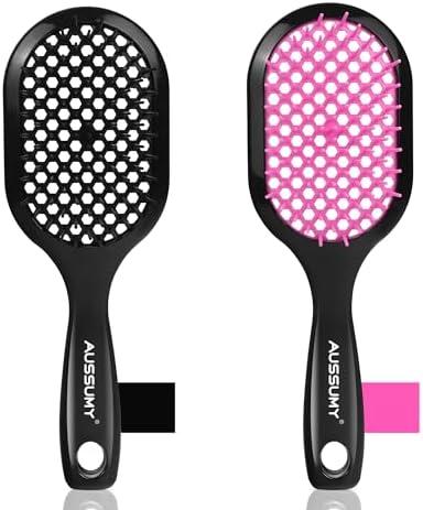 Aussumy Vented Detangling Hair Brush - 2 Pack Detangler Hairbrush for Effortless Tangle Removal - Ultra-Soft Bristles -For Natural Curly Straight Wet Dry Damaged Hair for Women Men Kids - Black & Pink