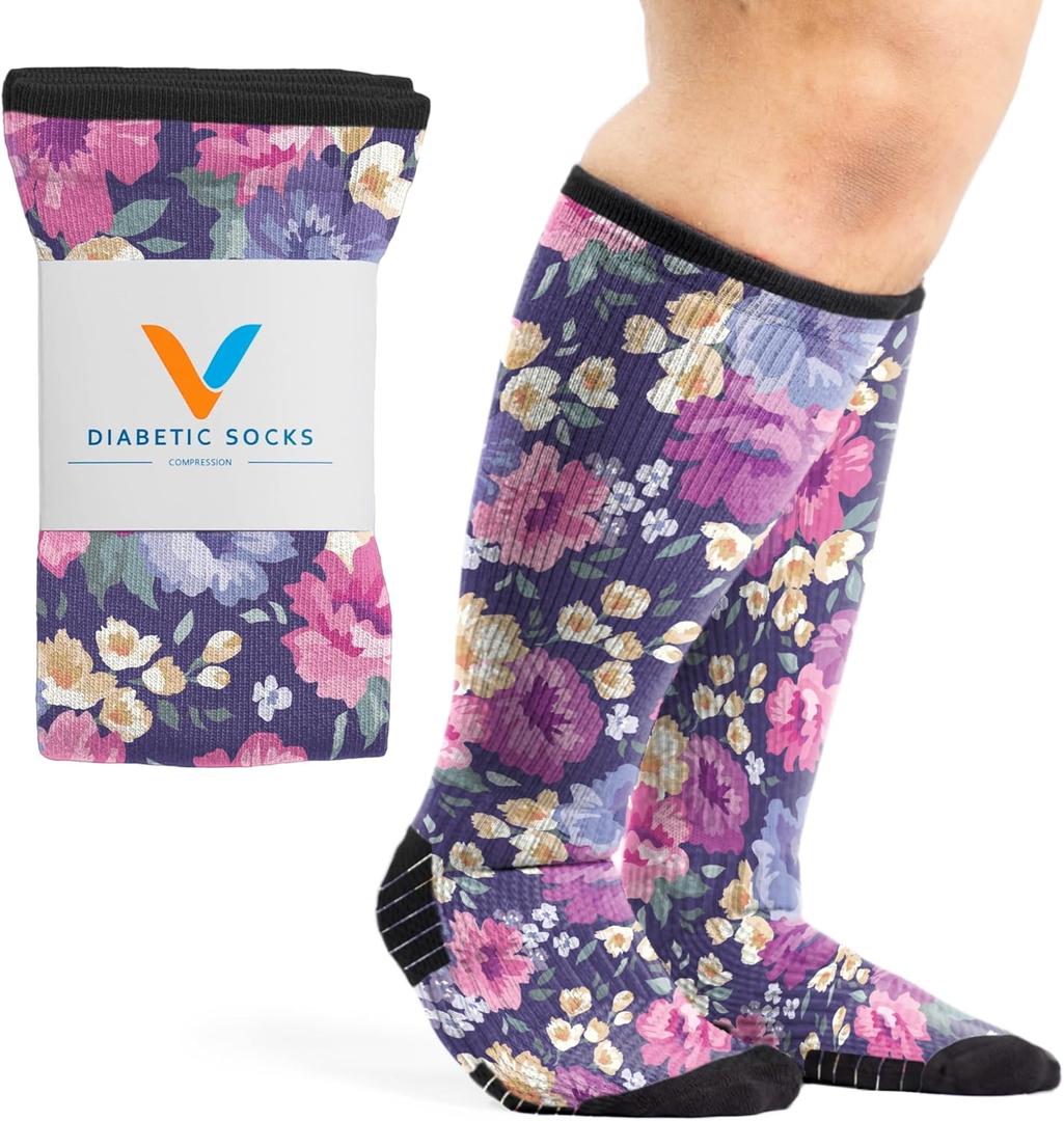Viasox Compression Socks for Women and Men, Knee High Socks 12-15 mmhg Circulation Support for Flight, Travel, Daily (Medium, Floral)
