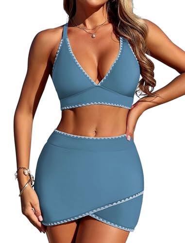 ZAFUL Women's High Waisted Bikini with Skirt Whip Stitch 2 Piece Swimsuits Tummy Control Bathing Suit 0-Dusty Blue, Size: M