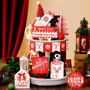 Umigy 14 Pcs Christmas Tiered Tray Decor Rustic Christmas Decorations Santa Candy Wood Sign Decorative Trays Xmas Table Tiered Tray Winter Farmhouse Rustic Table Decor for Home Shelf Tabletop