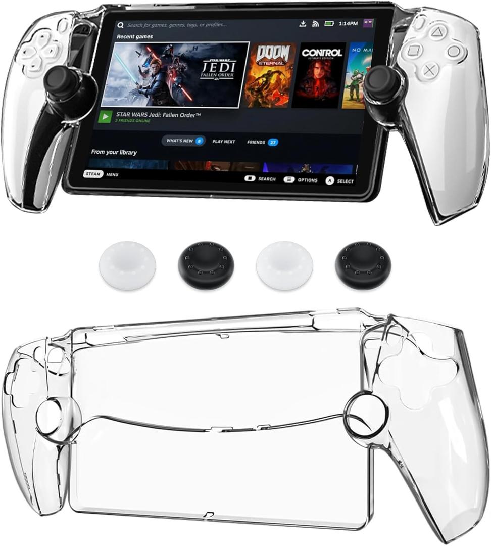 GLDRAM Clear PC Protective Case for PlayStation Portal Remote Player, Hardshell Cover Skin Full Protector with 4 Non-Slip Thumb Grip Caps for PS Portal Accessories - Thickened & No Yellowing