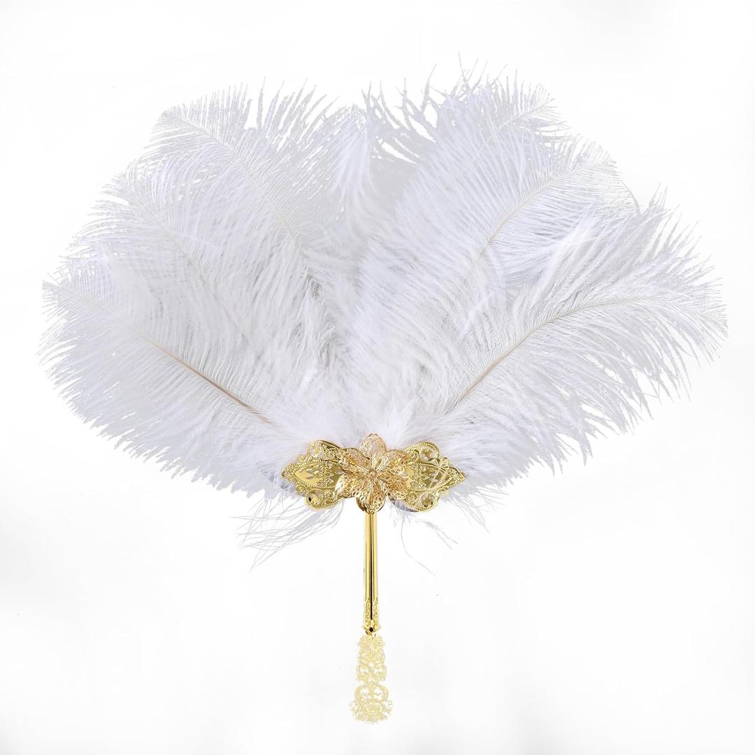 1920s Vintage Ostrich Feather Hand Fan, Handmade Retro Costume Accessory for Halloween, Ballroom Parties, Bridal Looks & Stage Performances(White)