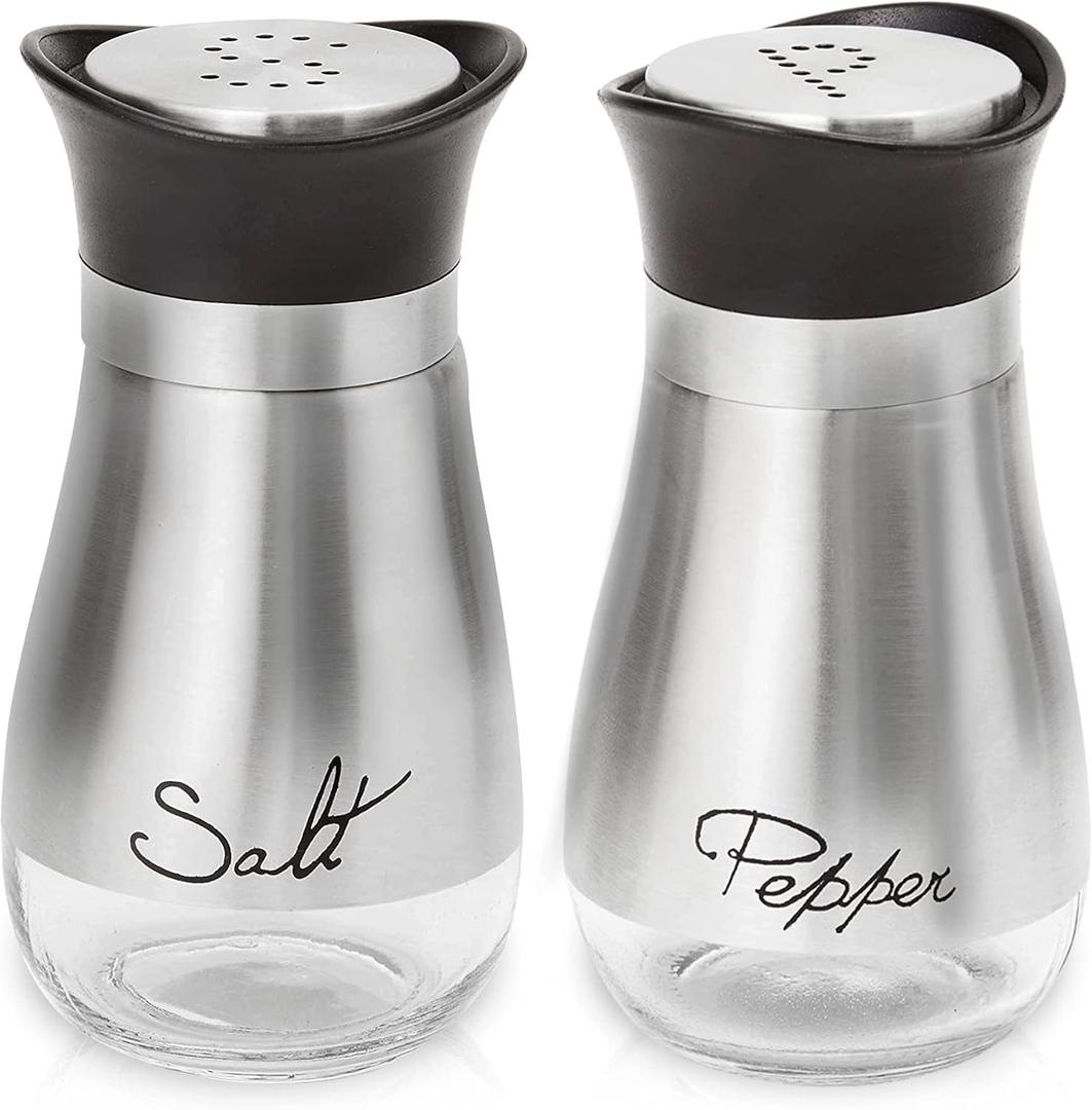 Lonffery Salt and Pepper Shakers Set, Salt Containers for Gifts, Kitchen Decor with Stainless Steel and Glass Bottle, Set of 2